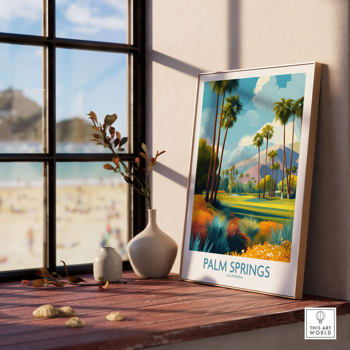 Palm Springs vibrant garden poster on a windowsill, showcasing colorful landscapes and California's golf scenery.