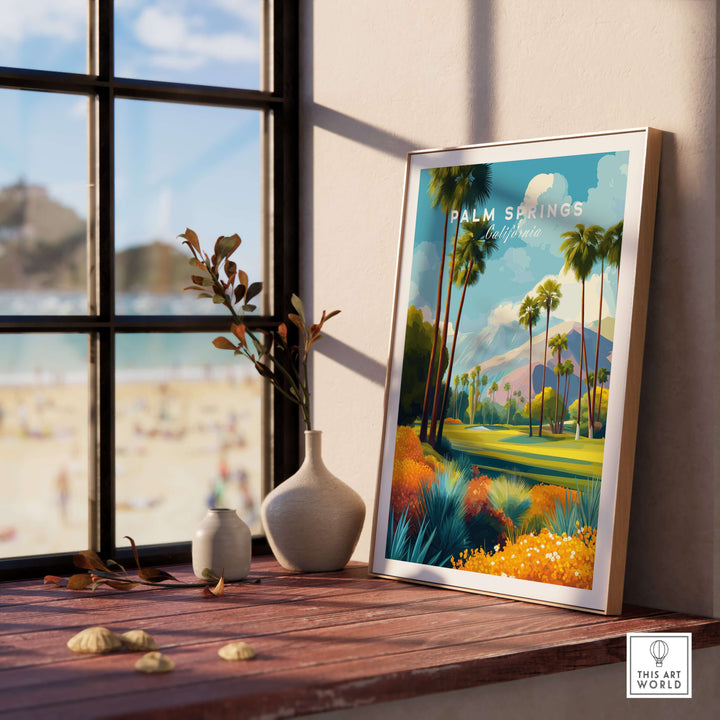Palm Springs California golf course mountain view print displayed on a windowsill, showcasing vibrant desert landscape art.