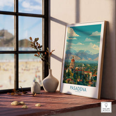 Pasadena California Skyline Wall Art Print displayed on a wooden table, showcasing vibrant colors and iconic architecture.