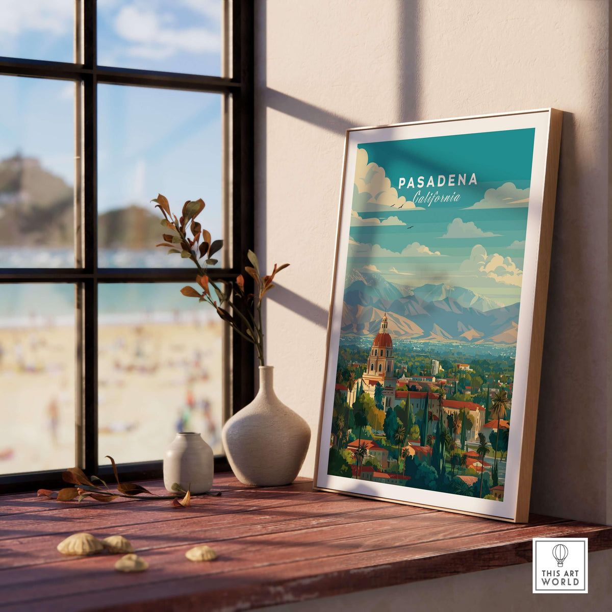 Pasadena California Print City Hall - San Gabriel Mountain Poster displayed in a bright room with a beach view.