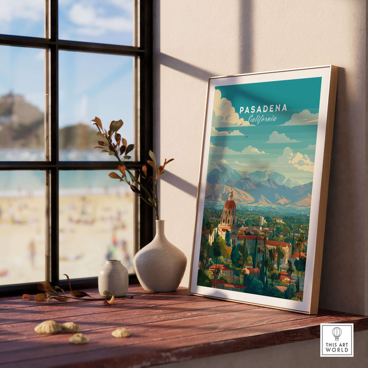 Pasadena California City Hall print with San Gabriel Mountains, a vibrant wall art piece showcasing California's charm.