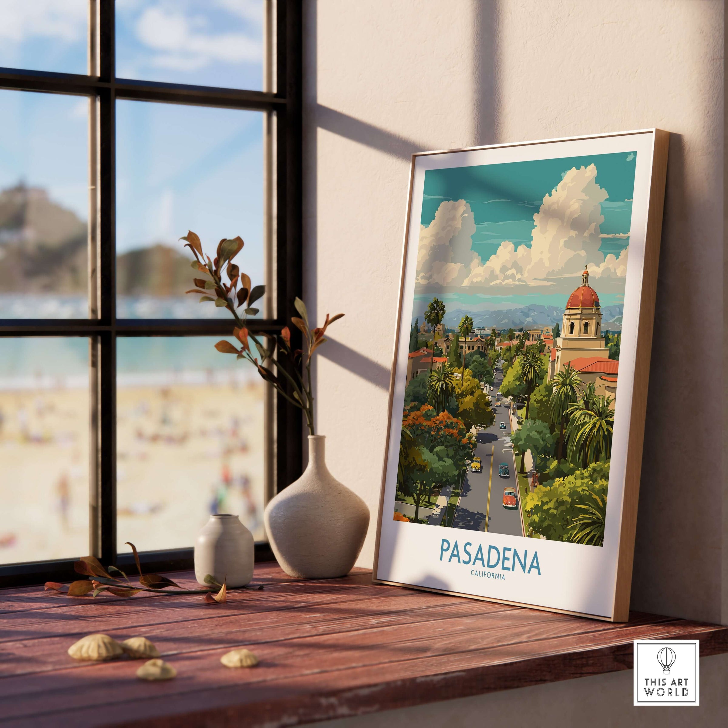 Pasadena Wall Art - California Travel Poster showcasing iconic landmarks and vibrant city views.