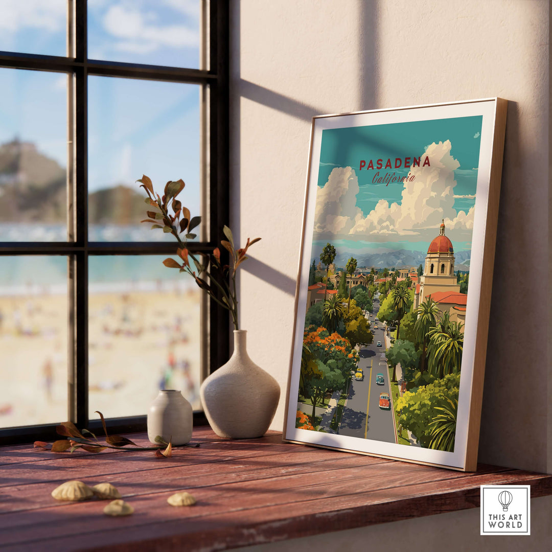 Pasadena cityscape poster displayed on a windowsill, showcasing iconic California landmarks and vibrant urban views.