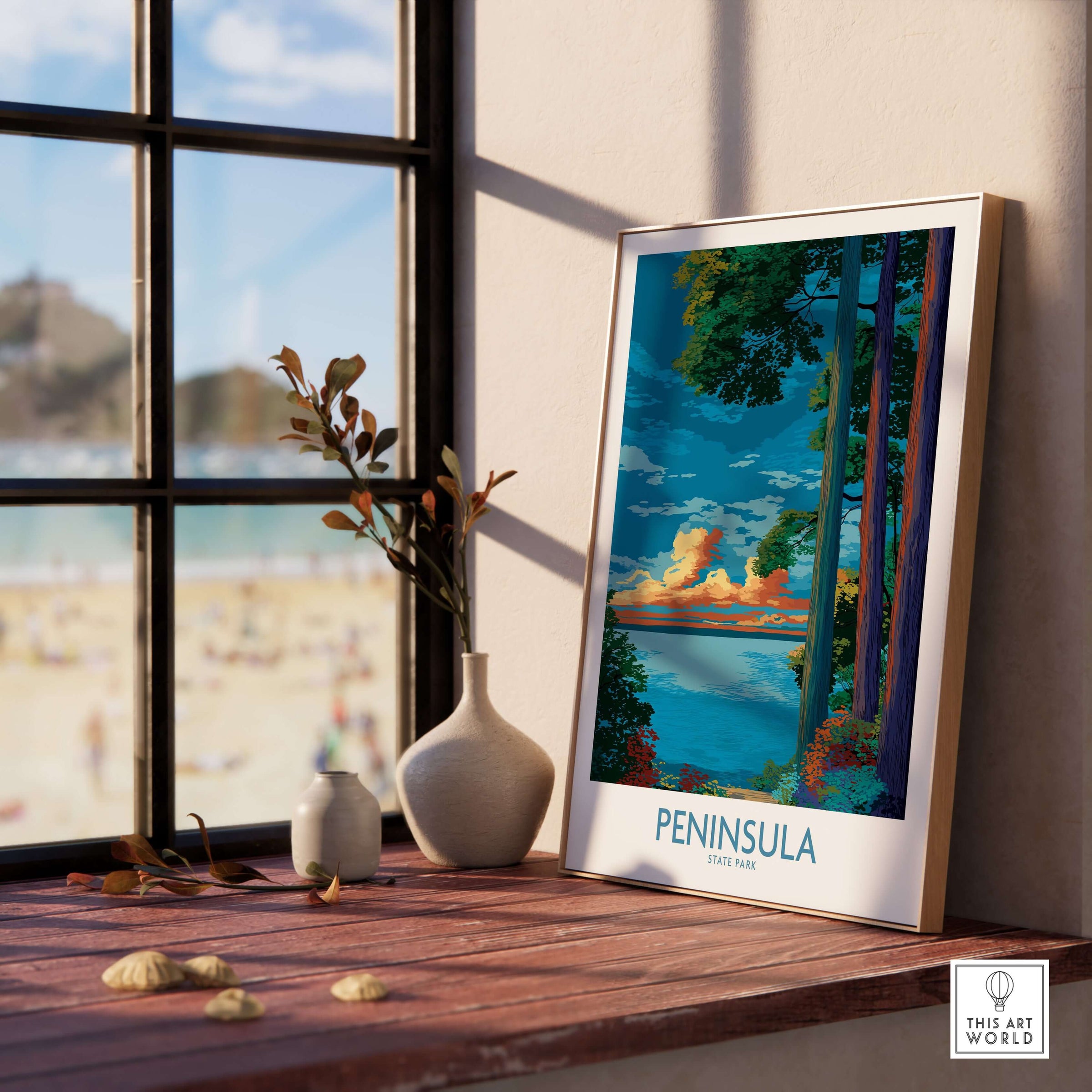 Peninsula State Park Wisconsin Vibrant Trees Landscape Print - Wisconsin Nature Decor showcased in a bright indoor setting.