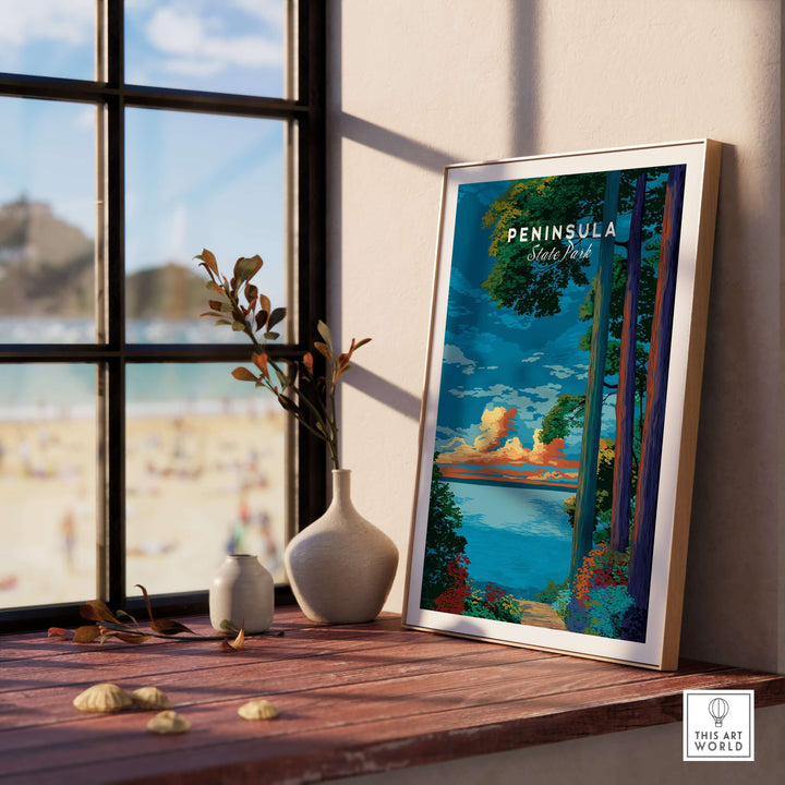Peninsula State Park sunset poster displayed indoors, showcasing a forest path leading to Lake Michigan.
