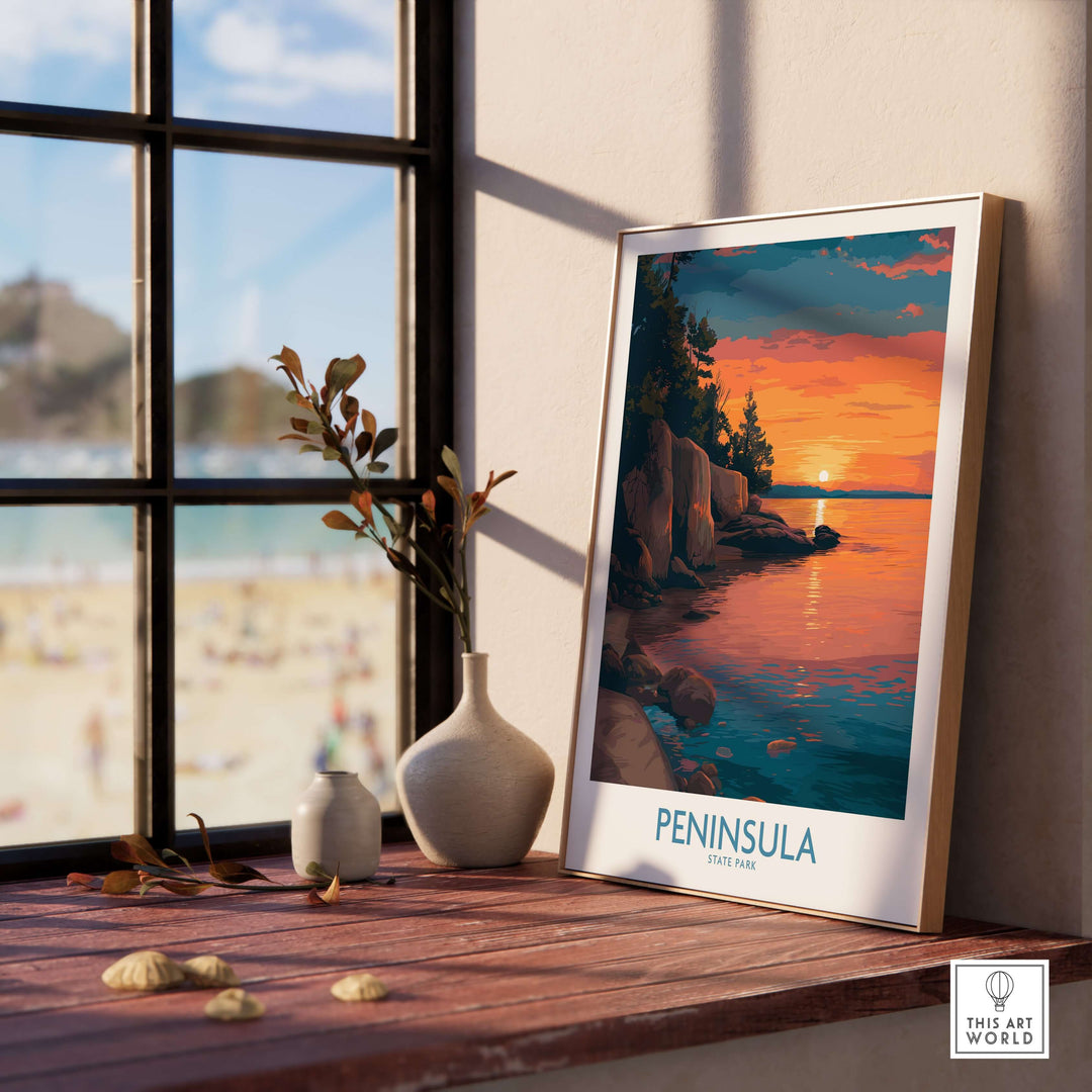 Peninsula State Park golden hour lake view poster on a windowsill, showcasing Wisconsin travel decor.