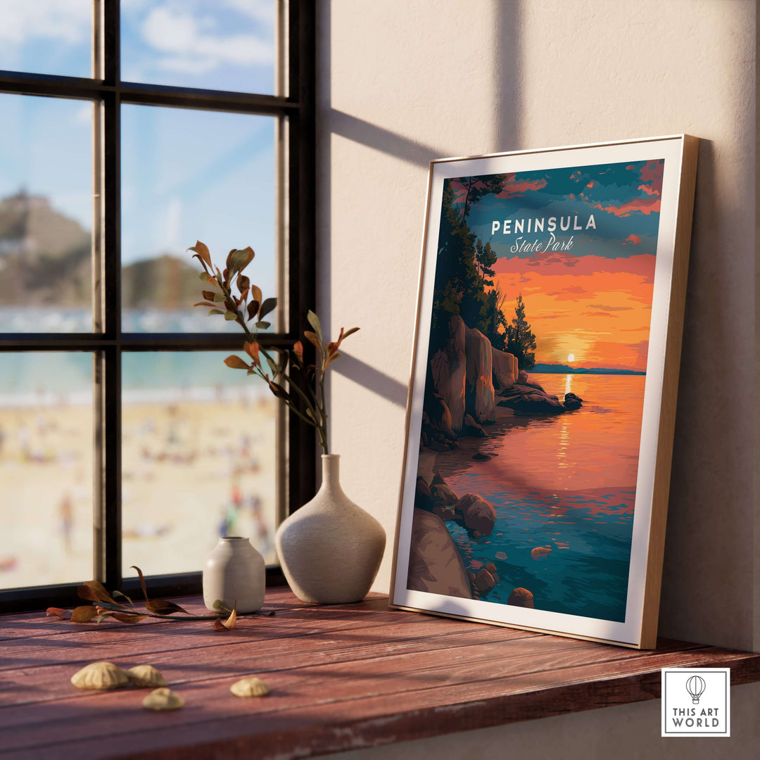 Peninsula State Park sunset print showcased in a room, highlighting Wisconsin's rocky shoreline and serene views.