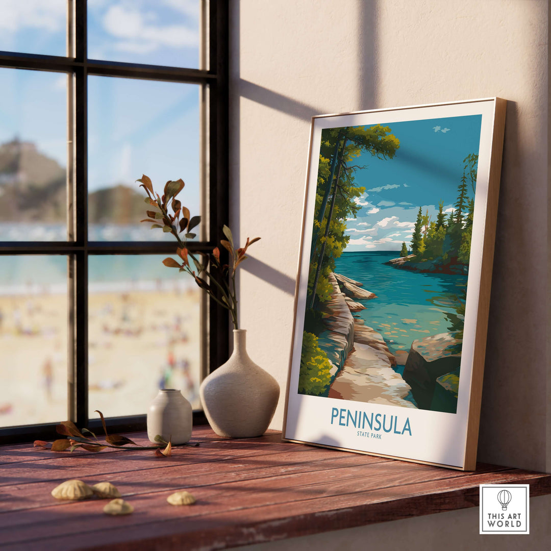 Framed Peninsula State Park wall art showcasing scenic Green Bay landscape and nature decor.