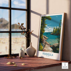 Peninsula State Park Green Bay Wall Art - Wisconsin State Park Decor displayed in a cozy interior with a view of the beach.