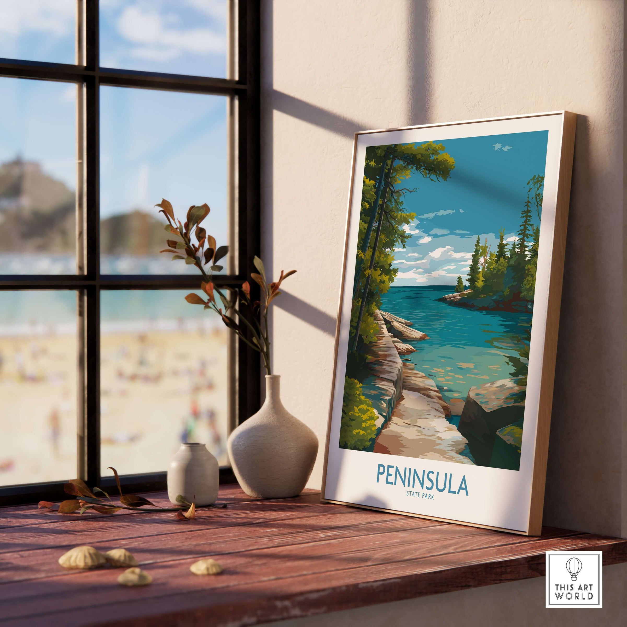 Peninsula State Park Green Bay Wall Art - Wisconsin State Park Decor displayed in a cozy interior with a view of the beach.