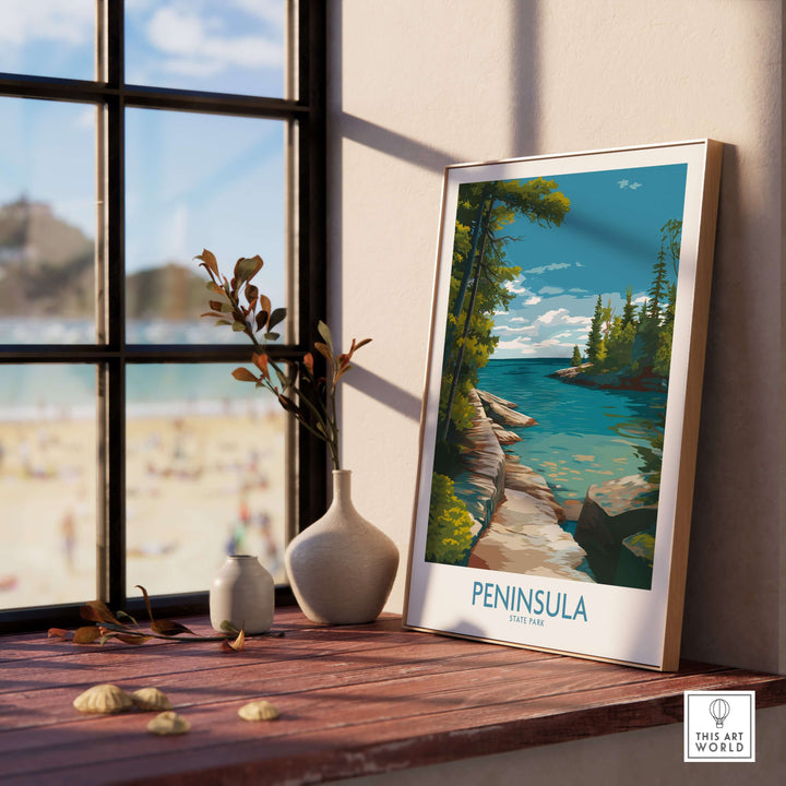 Framed Peninsula State Park wall art showcasing scenic Green Bay landscape and nature decor.