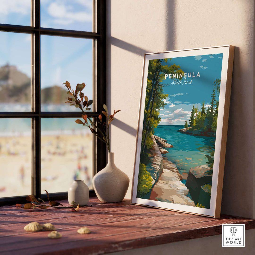 Framed Peninsula State Park print showcasing Wisconsin's rocky coastline by a window with beach view.