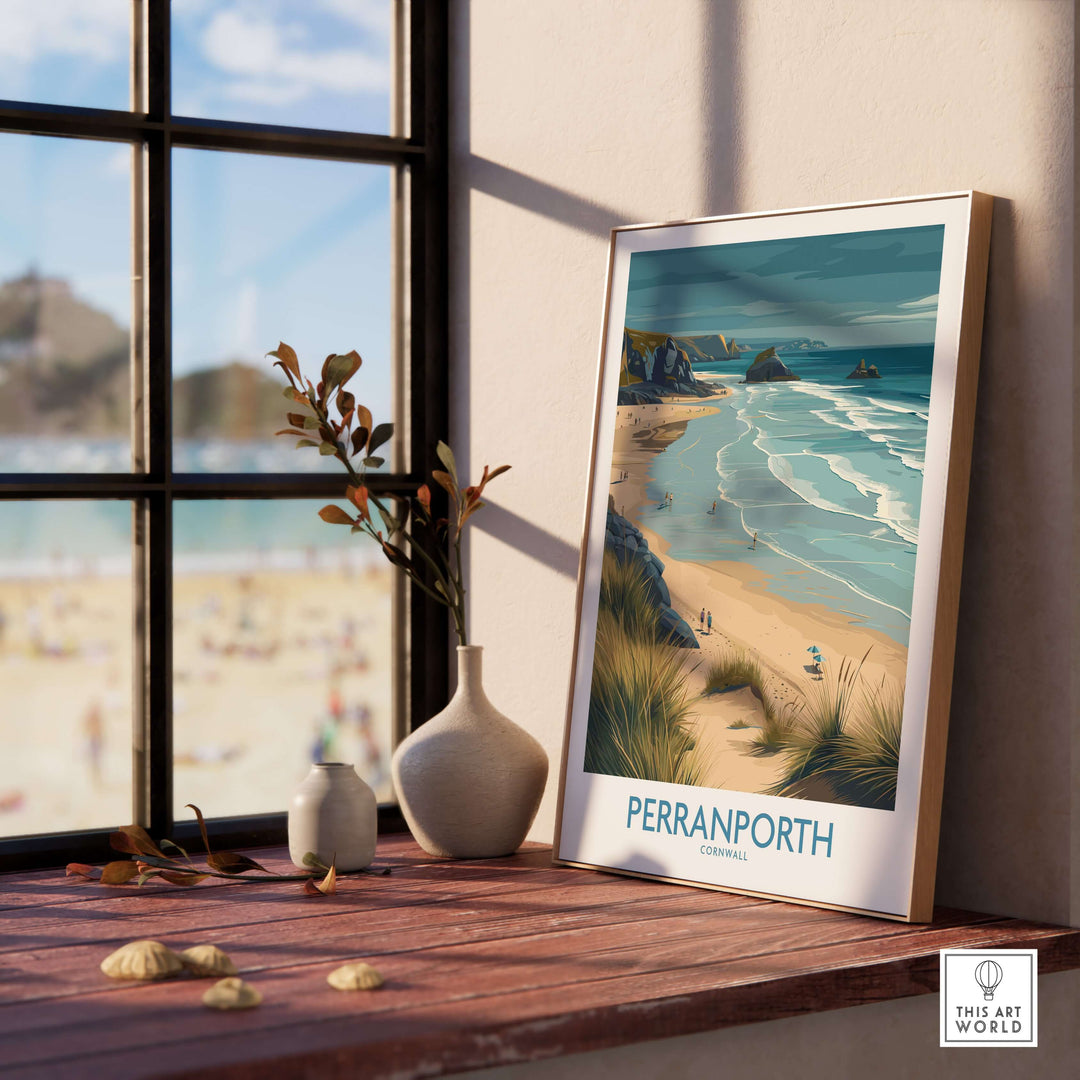 Perranporth Cornwall ocean waves seascape poster displayed in a sunny interior, capturing beach vibes and UK travel essence.