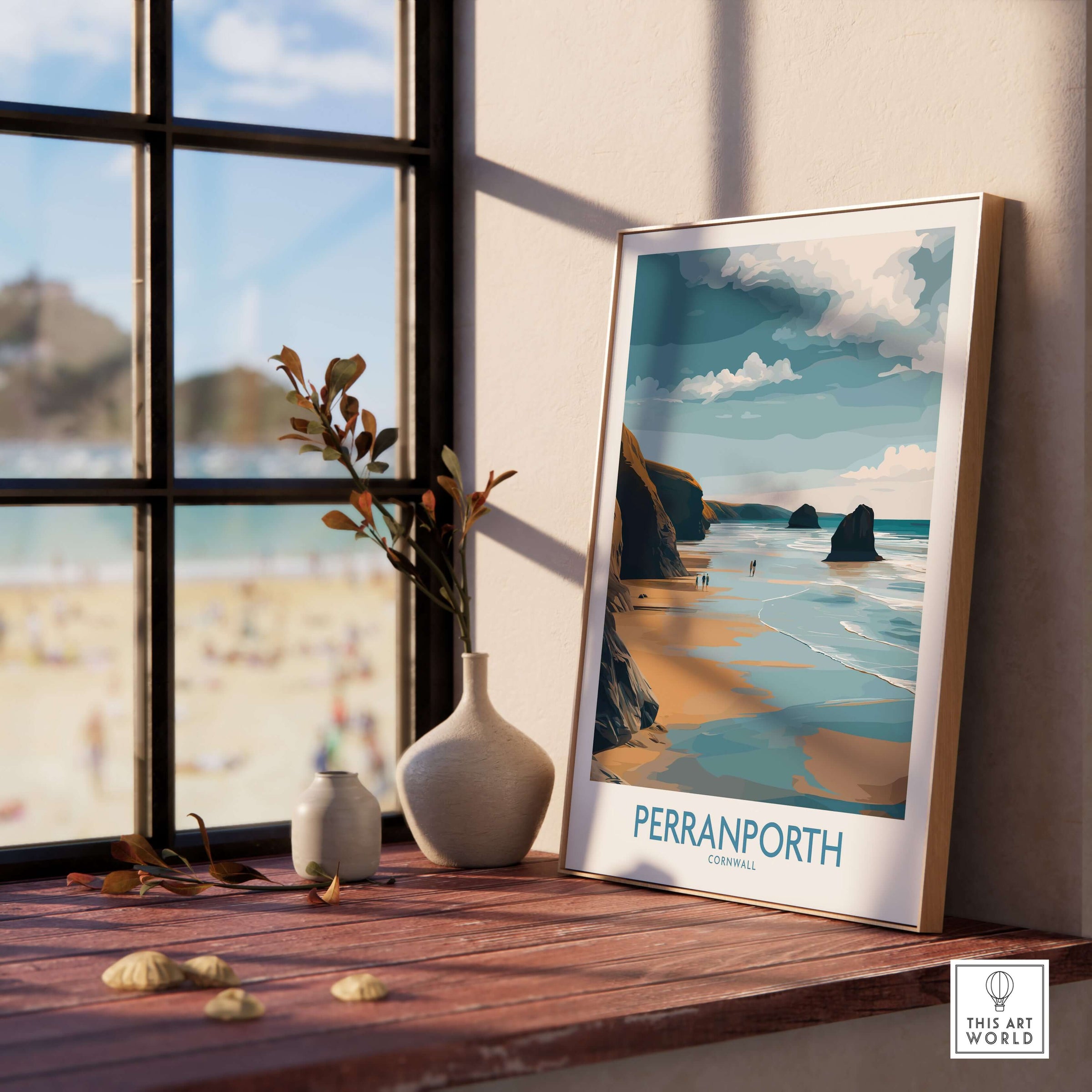 Perranporth Cornwall Ocean Walk Wall Art - UK Seaside Decor displayed on a wooden table with a beach view.