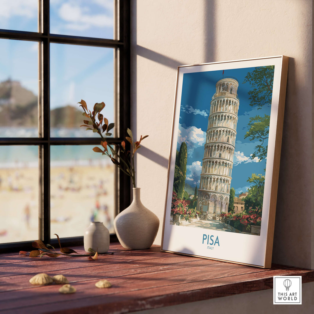 Pisa Italy Bell Tower travel wall art poster displayed by a window, showcasing the iconic Leaning Tower and scenic backdrop.
