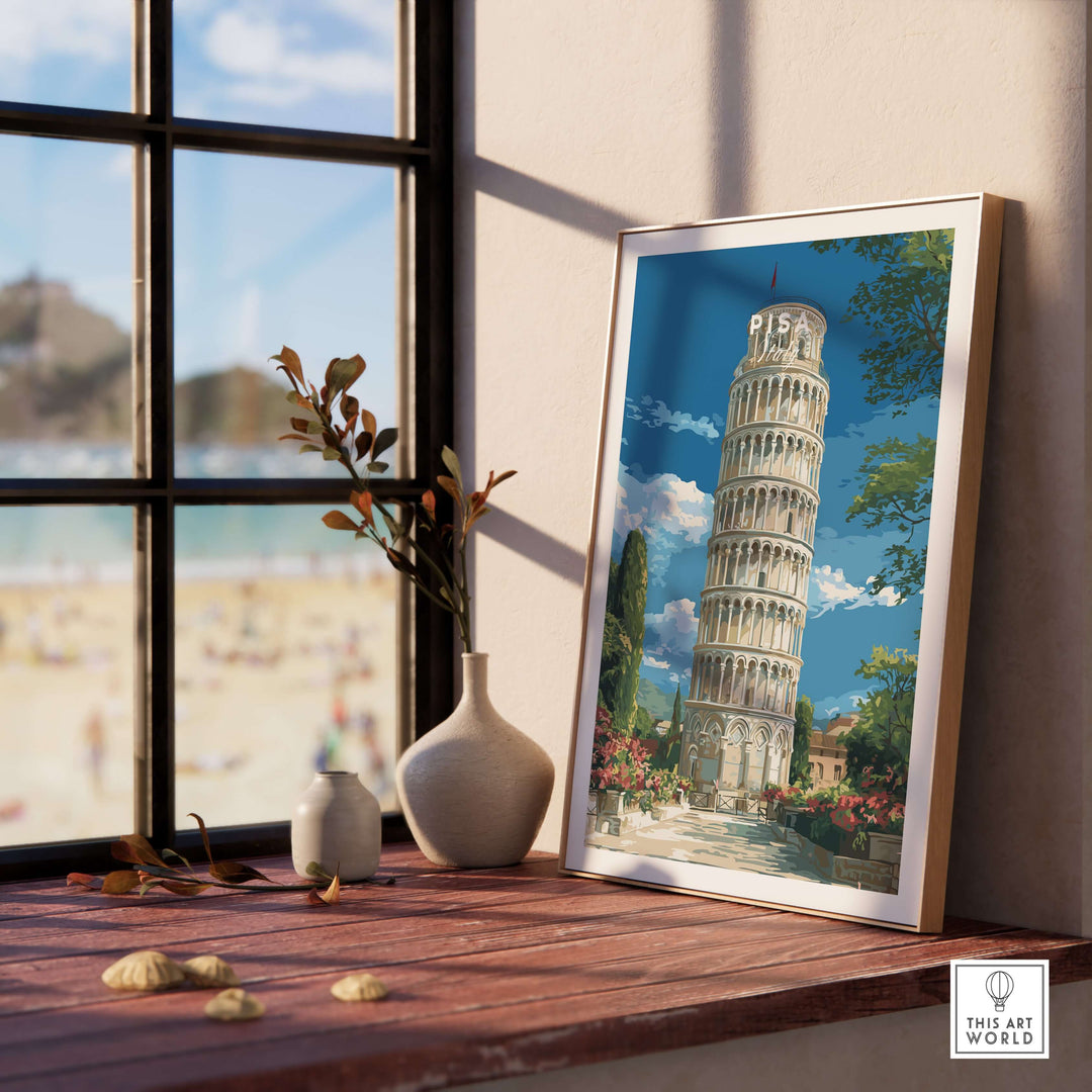 Framed print of the Leaning Tower of Pisa showcasing Italian landmark charm and elegance in a bright room setting.