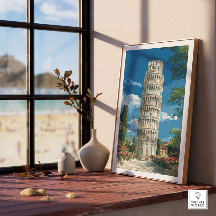 Framed print of the Leaning Tower of Pisa showcasing Italian landmark charm and elegance in a bright room setting.