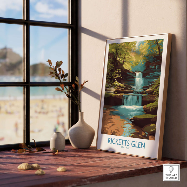 Ricketts Glen waterfall poster displayed indoors, showcasing Pennsylvania nature decor with vibrant colors.
