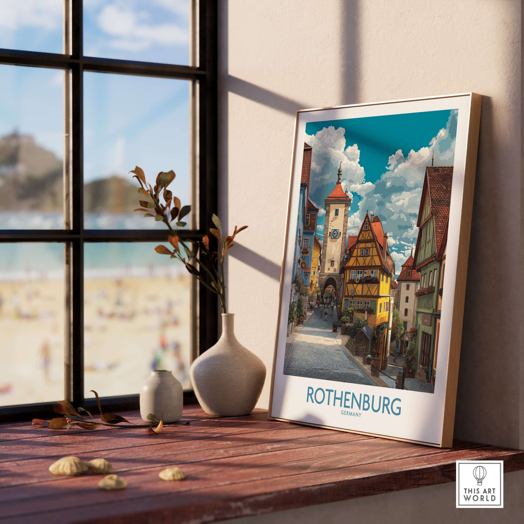 Rothenburg wall art print showcasing medieval architecture by a sunny window, capturing the charm of Germany.