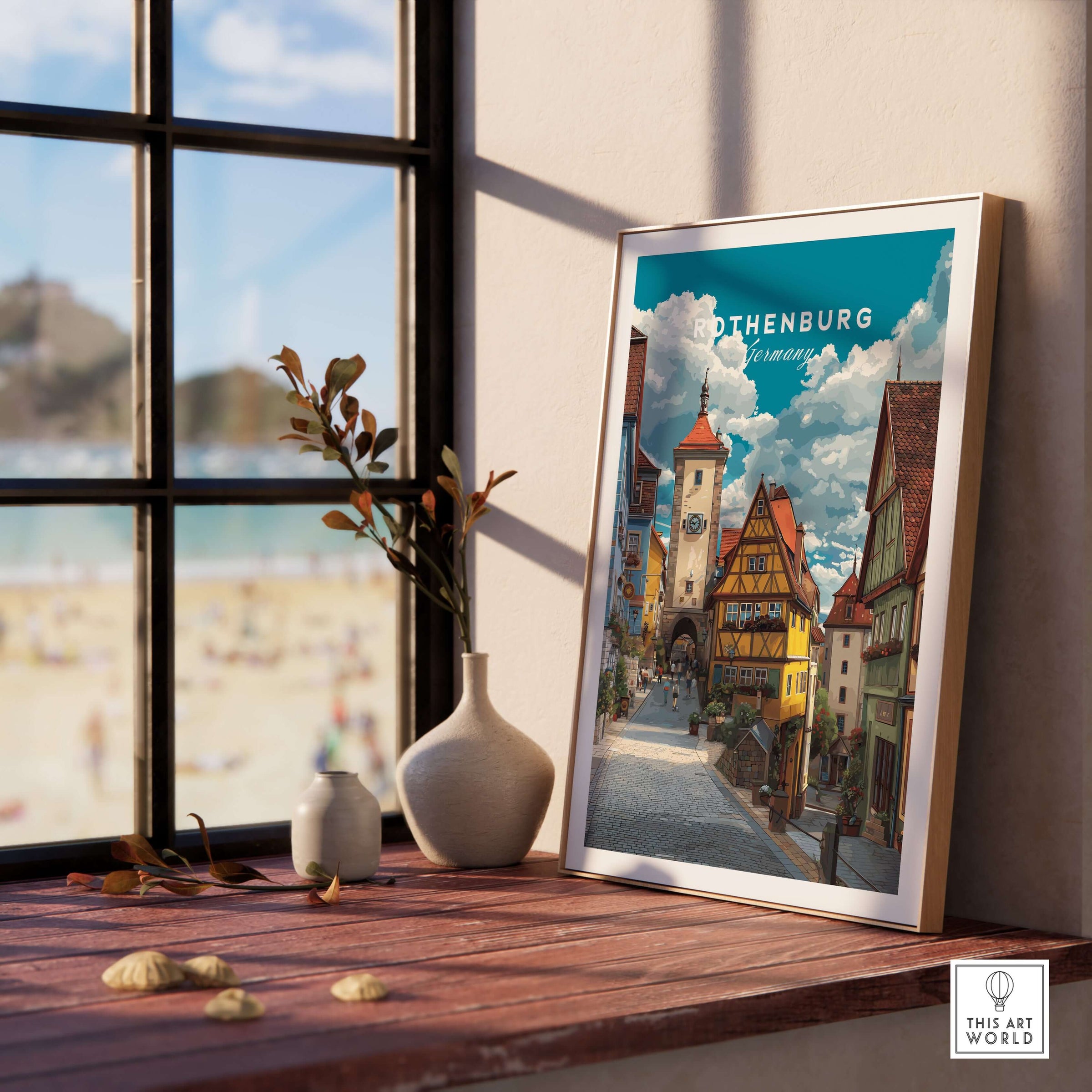 Rothenburg Poster Germany Travel Print displayed on a wooden table near a window, showcasing medieval architecture and charm.