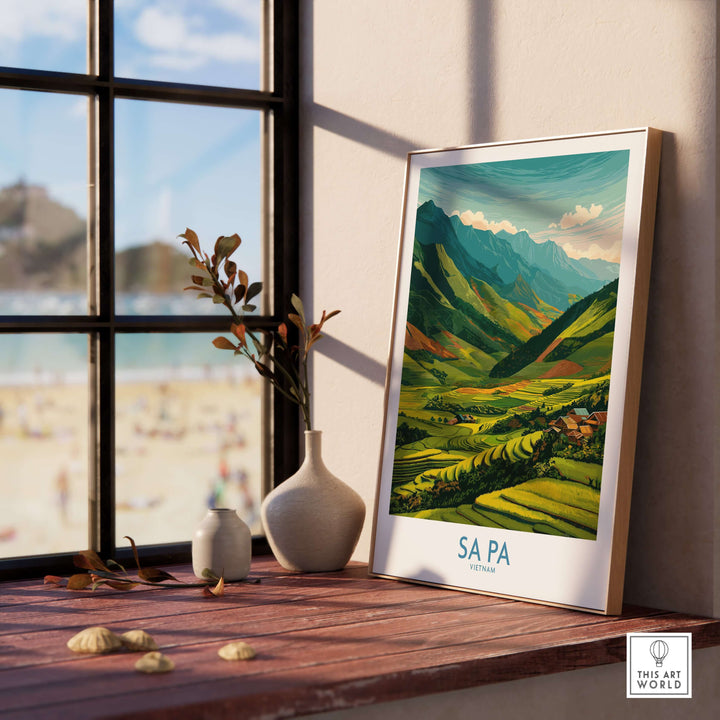 Sa Pa Vietnam print showcasing lush rice terraces and mountains in a cozy interior setting.