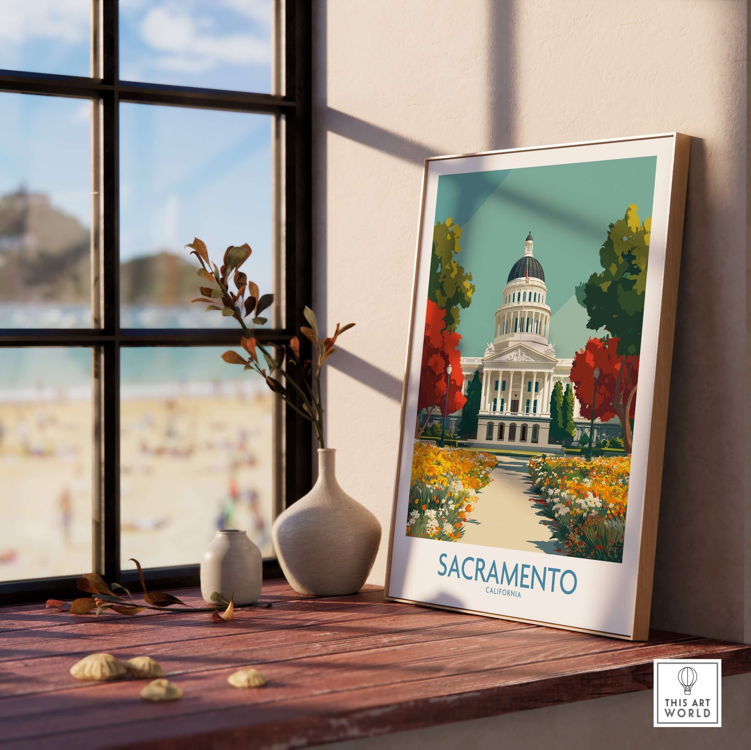 Sacramento California Capitol Poster - Historic Cityscape Print framed on a table near a window with beach views.