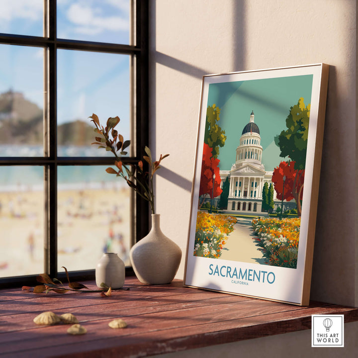 Sacramento California Capitol Poster in a stylish frame showcasing historic cityscape and vibrant colors.