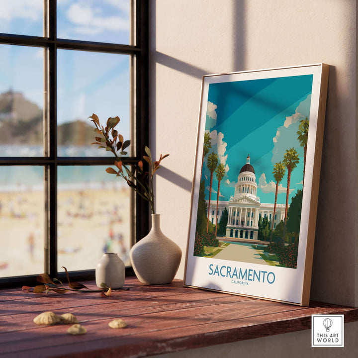 Sacramento poster of California State Capitol in elegant frame on a wooden table with beach view outside.