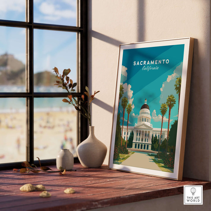 Framed Sacramento Capitol Building poster inside a bright room with a view of the beach, showcasing California's heritage.