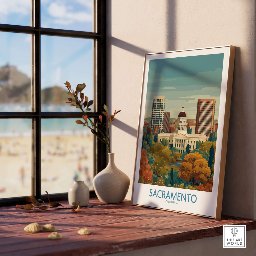 Sacramento California poster showcasing iconic skyline and landmarks, perfect for home decor with urban charm.