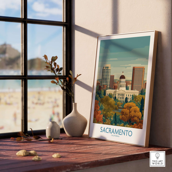 Sacramento California poster showcasing iconic skyline and landmarks, perfect for home decor with urban charm.