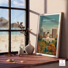 Sacramento California Skyline & Capitol Print - Urban Landscape Wall Art displayed in a window view with beach background.