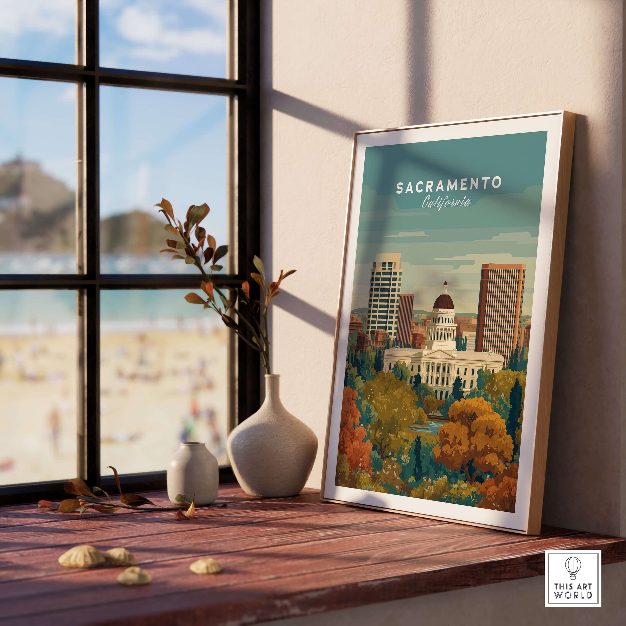 Sacramento California Skyline & Capitol Print - Urban Landscape Wall Art displayed in a window view with beach background.