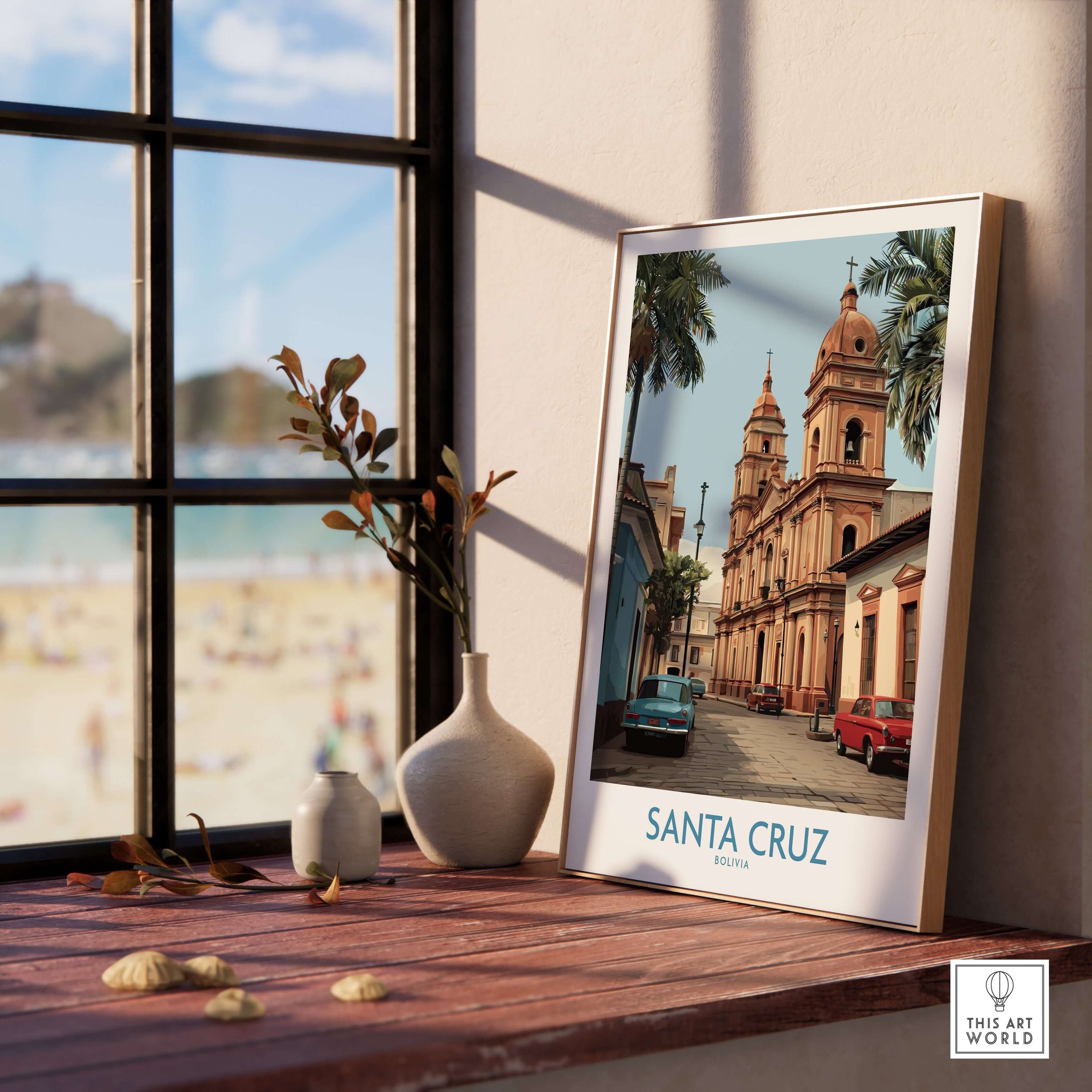 Santa Cruz Bolivia Art Print | Historic City Poster displayed in a sunny room, showcasing iconic architecture and vibrant colors.