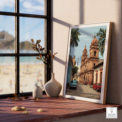 Santa Cruz South America Print | Bolivian Urban Wall Decor displayed in a modern interior setting with a beach view.