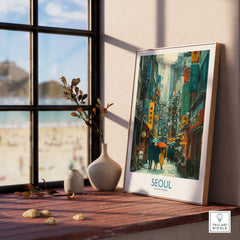 Seoul Poster South Korea - Vibrant City Life Art Print displayed in a bright room with a view.