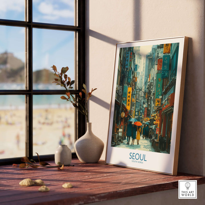 Seoul poster featuring vibrant city street scene with umbrellas, enhancing room decor and capturing South Korea's lively atmosphere.