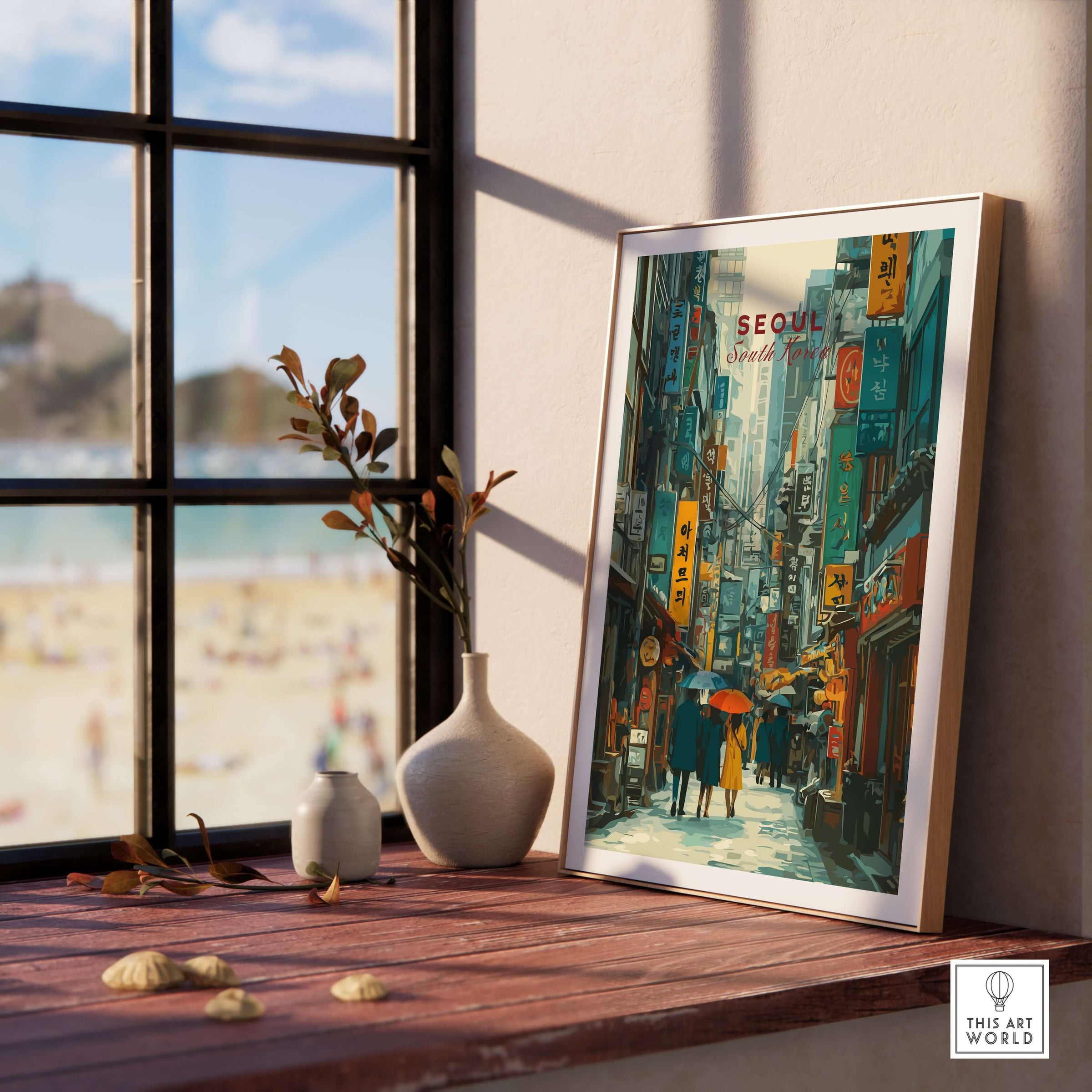 Seoul Print South Korea Busy Street - Urban Cityscape Wall Art displayed in a stylish interior with a bright window.