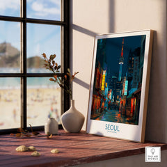 Seoul South Korea Wall Art - Korean Cityscape Print framed on a wooden table by a window showcasing vibrant urban life.