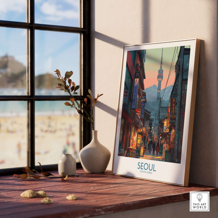 Seoul South Korea urban nightlife poster displayed in a stylish interior, showcasing city lights and vibrant atmosphere.
