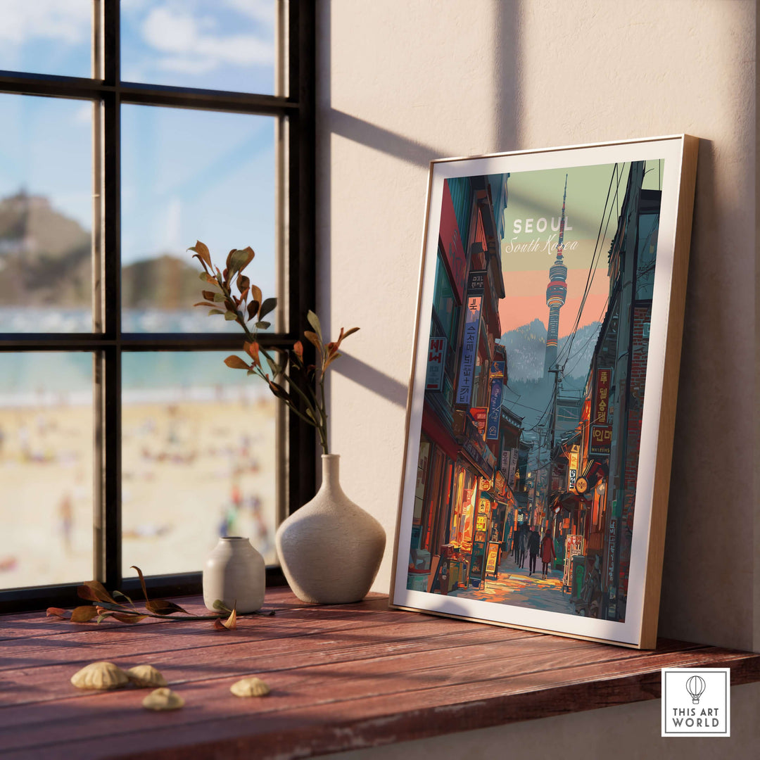 N Seoul Print showcasing traditional streets of Seoul, South Korea, displayed in a cozy interior setting.