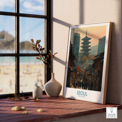 Seoul South Korea Old Town Skyline Wall Art framed on a wooden table by the window, showcasing a serene city view.
