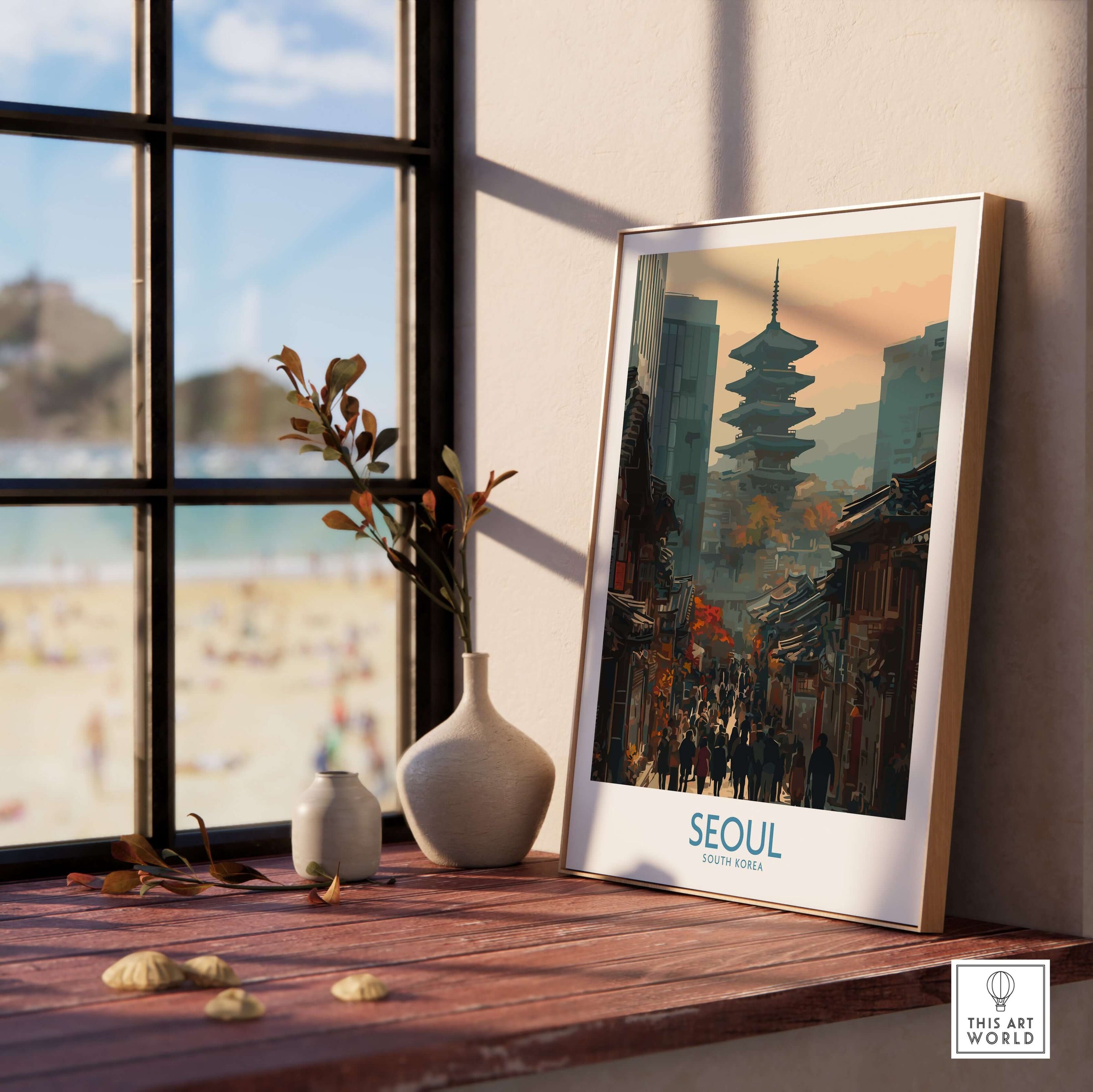 Seoul South Korea Old Town Skyline Wall Art framed on a wooden table by the window, showcasing a serene city view.