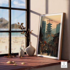 Seoul South Korea Poster - Historic City Landmark Print displayed in a cozy room with a beach view.