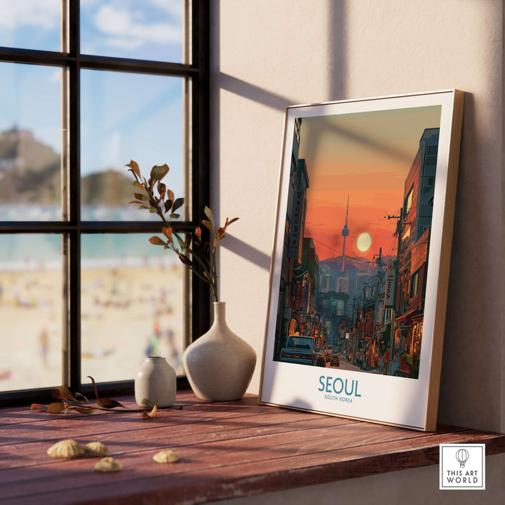 Framed Seoul South Korea travel poster showcasing the city skyline and sunset, perfect for urban art lovers.