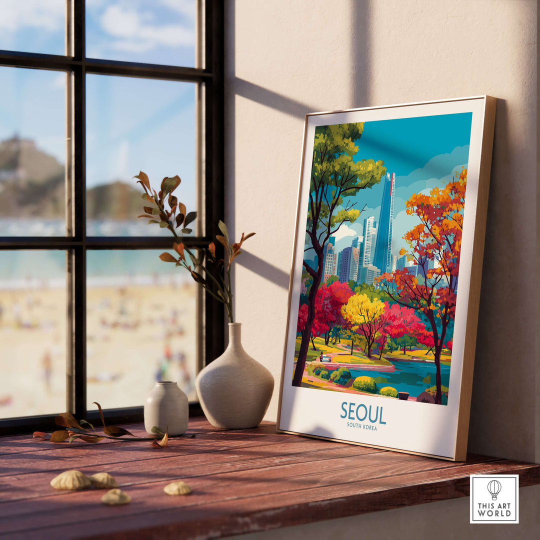 Seoul South Korea city park skyline poster featuring autumn colors and urban landscape on a windowsill.