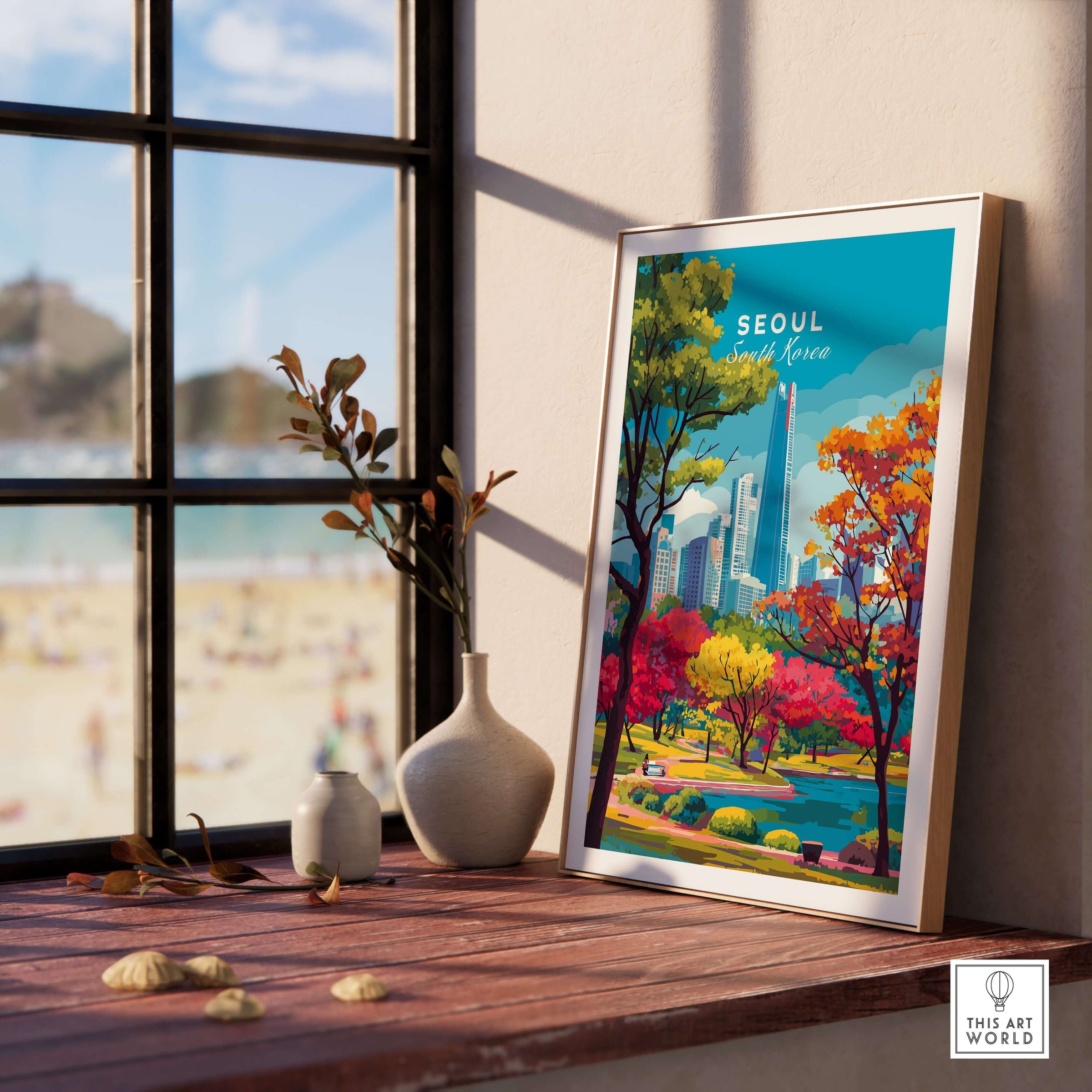 Seoul South Korea Lotte World Tower Park Print featuring vibrant trees and city skyline.