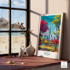 Seoul Wall Art - South Korea Print featuring vibrant colors and iconic cityscape design in a stylish setting.