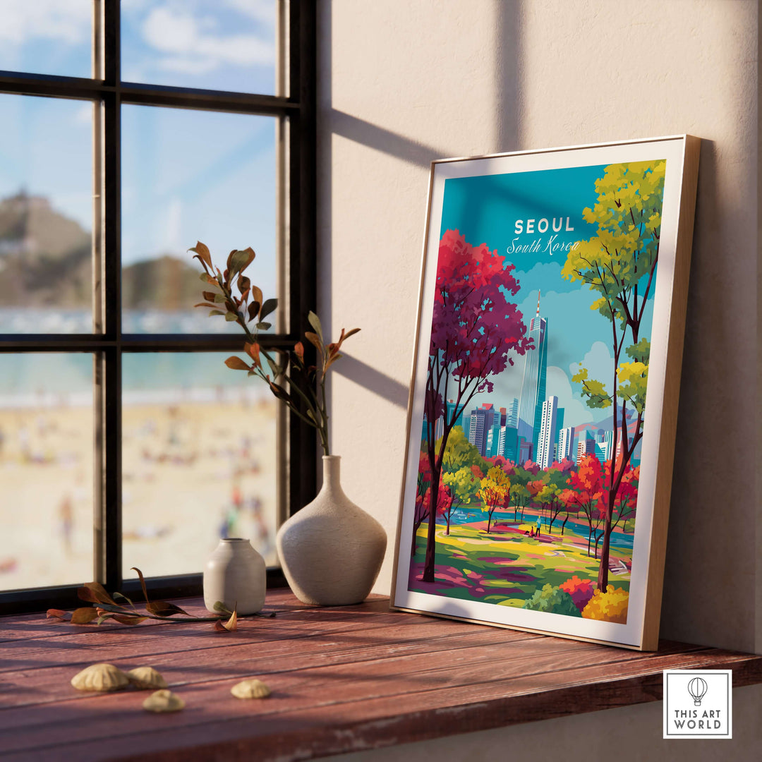 Seoul South Korea poster in a sunlit room, showcasing a vibrant cityscape with colorful trees and skyline.