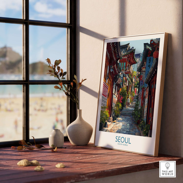 Bukchon Hanok Village poster in a sunny space, showcasing traditional Korean architecture in Seoul.